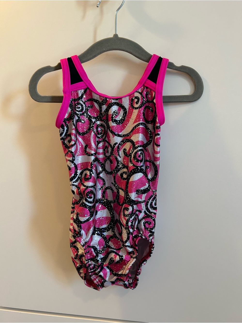 Motionwear Pink and Black Swirl Glitter Leotard - XS 3-4